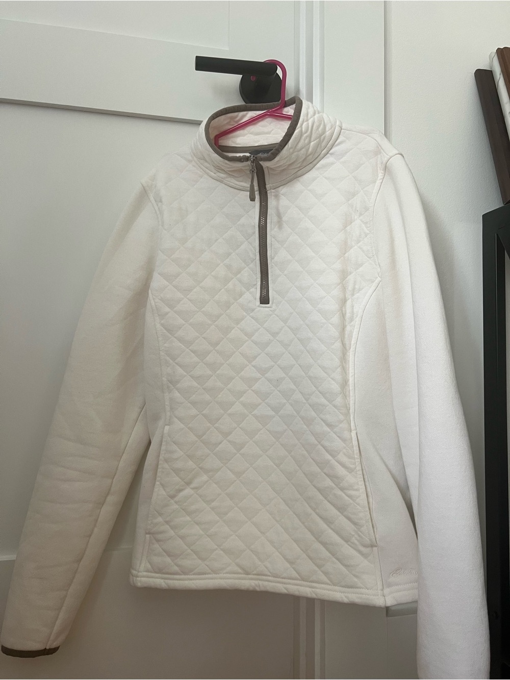 Eddie Bauer Cream Quilted Pullover with Taupe Trim